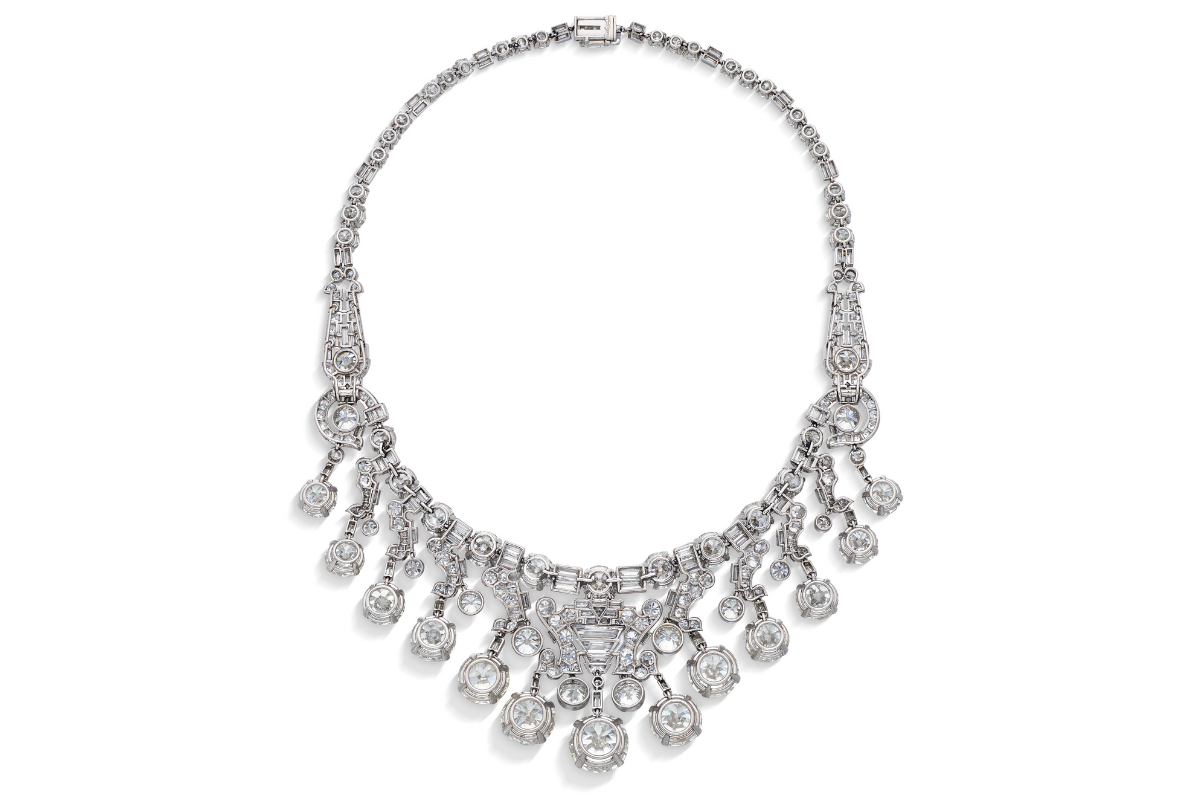 A striking platinum and diamond Cartier necklace, epitomizing the elegance of the Art Deco era.