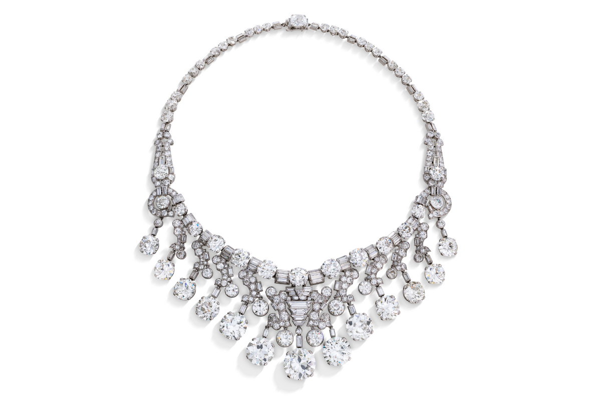 A striking platinum and diamond Cartier necklace, epitomizing the elegance of the Art Deco era.