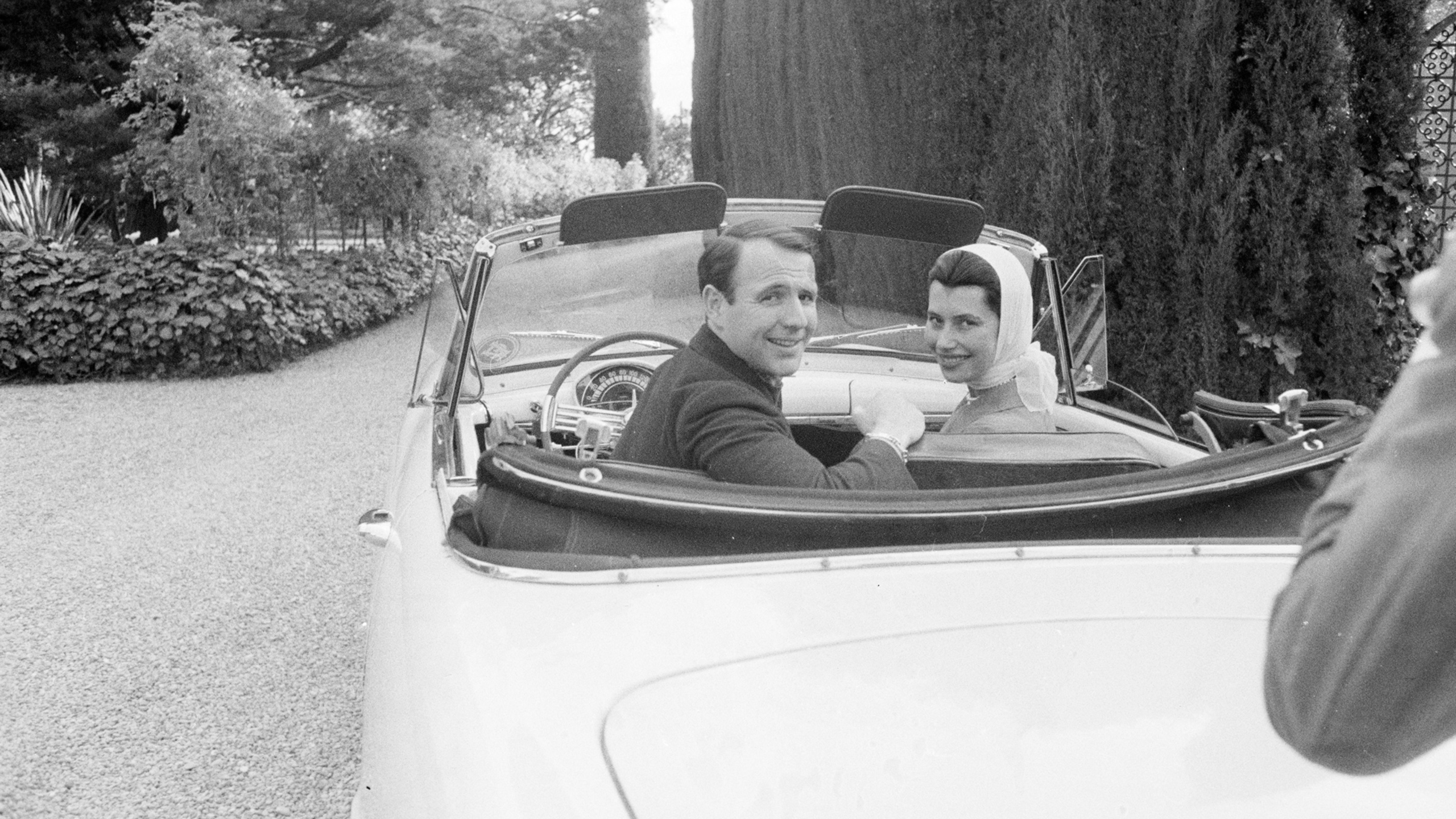 Prince Aga Khan and Nina Dyer photographed in Antibes, on the Côte d'Azur, in May 1957, before their wedding in August of the same year.