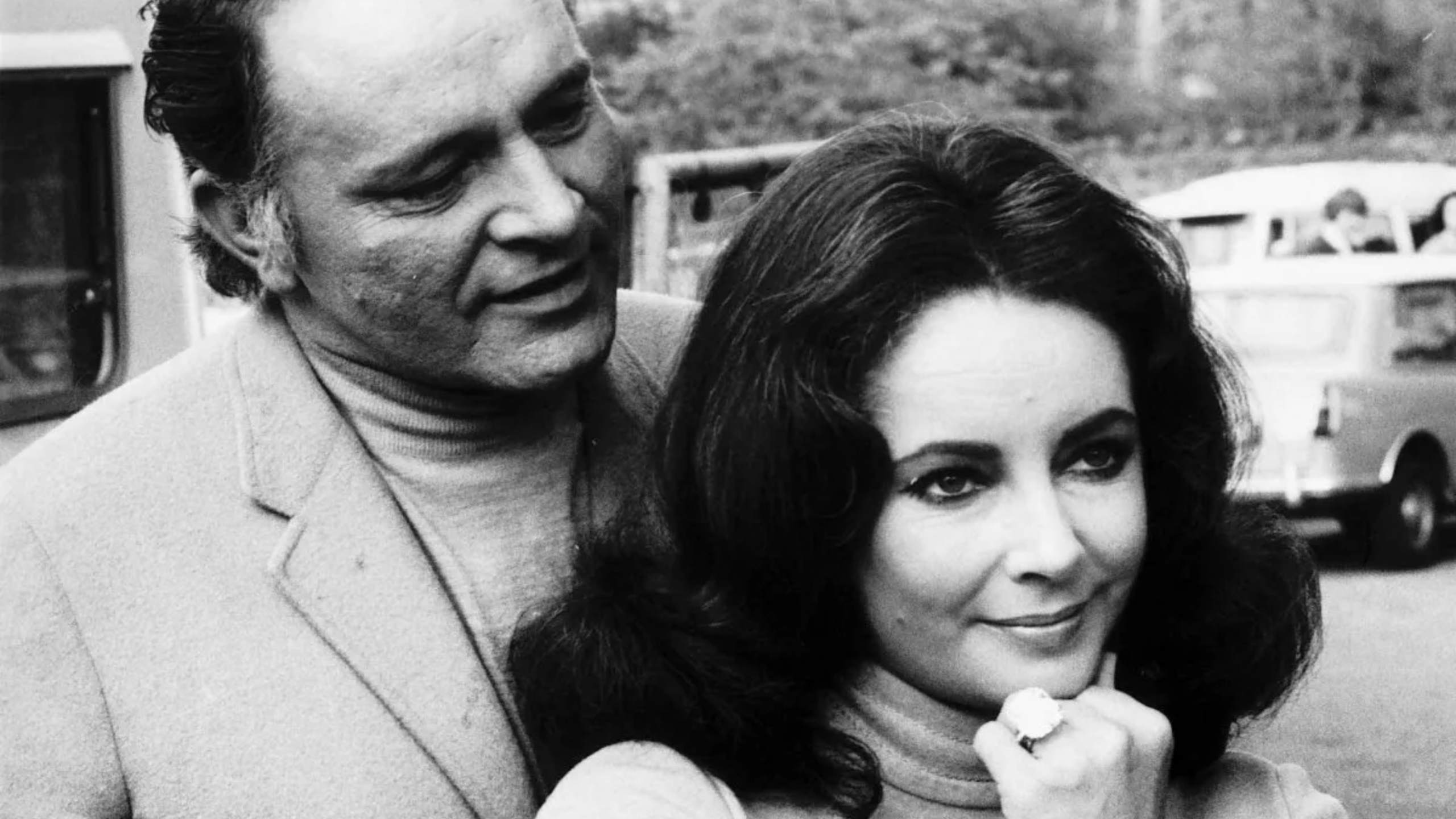 Elizabeth Taylor is pictured with her husband, Richard Burton, wearing the diamond ring