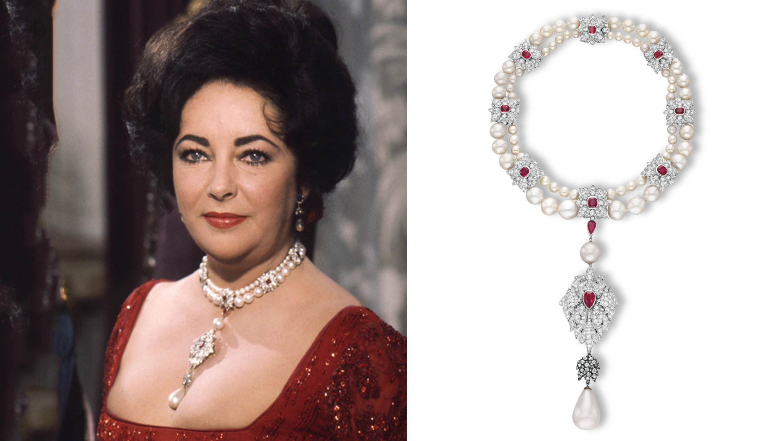 The Peregrina pearl after being mounted on the necklace by Cartier