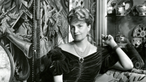 Portrait of Marjorie Merriweather Post, collector and philanthropist, wearing elegant jewelry reflecting her influence in high society and her love of the arts.