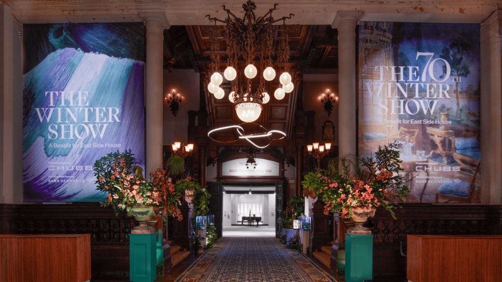 Stately entrance to The Winter Show in New York, welcoming visitors with a passion for art, antiques and design.