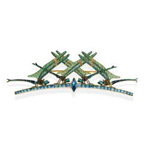 A brooch convertible into a tiara composed of 4 “damselflies” in enamel, aquamarines, diamonds and yellow gold by René Lalique