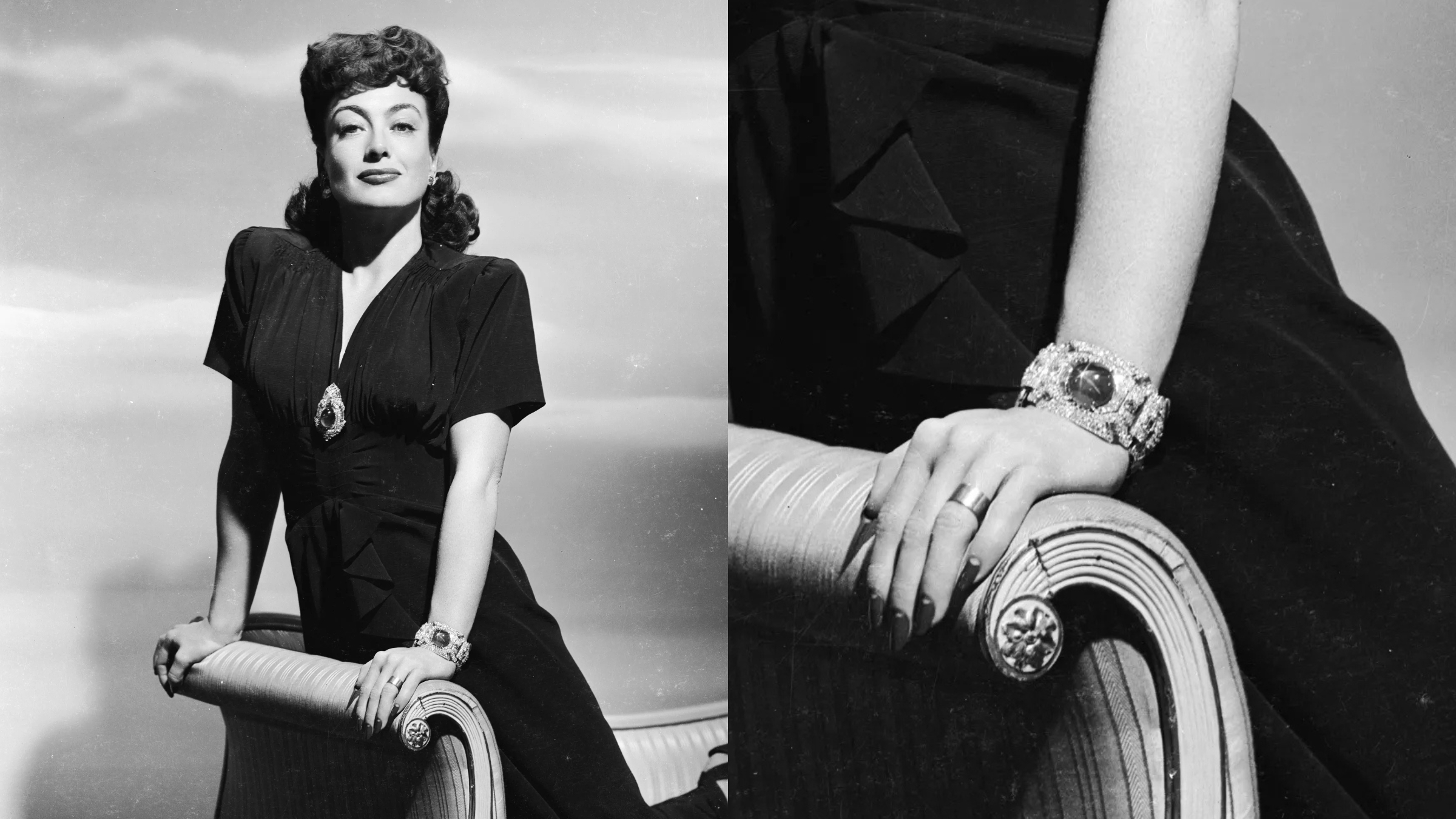 Joan Crawford portant un bracelet serti de saphirs étoilés et de diamants par Raymond Yard