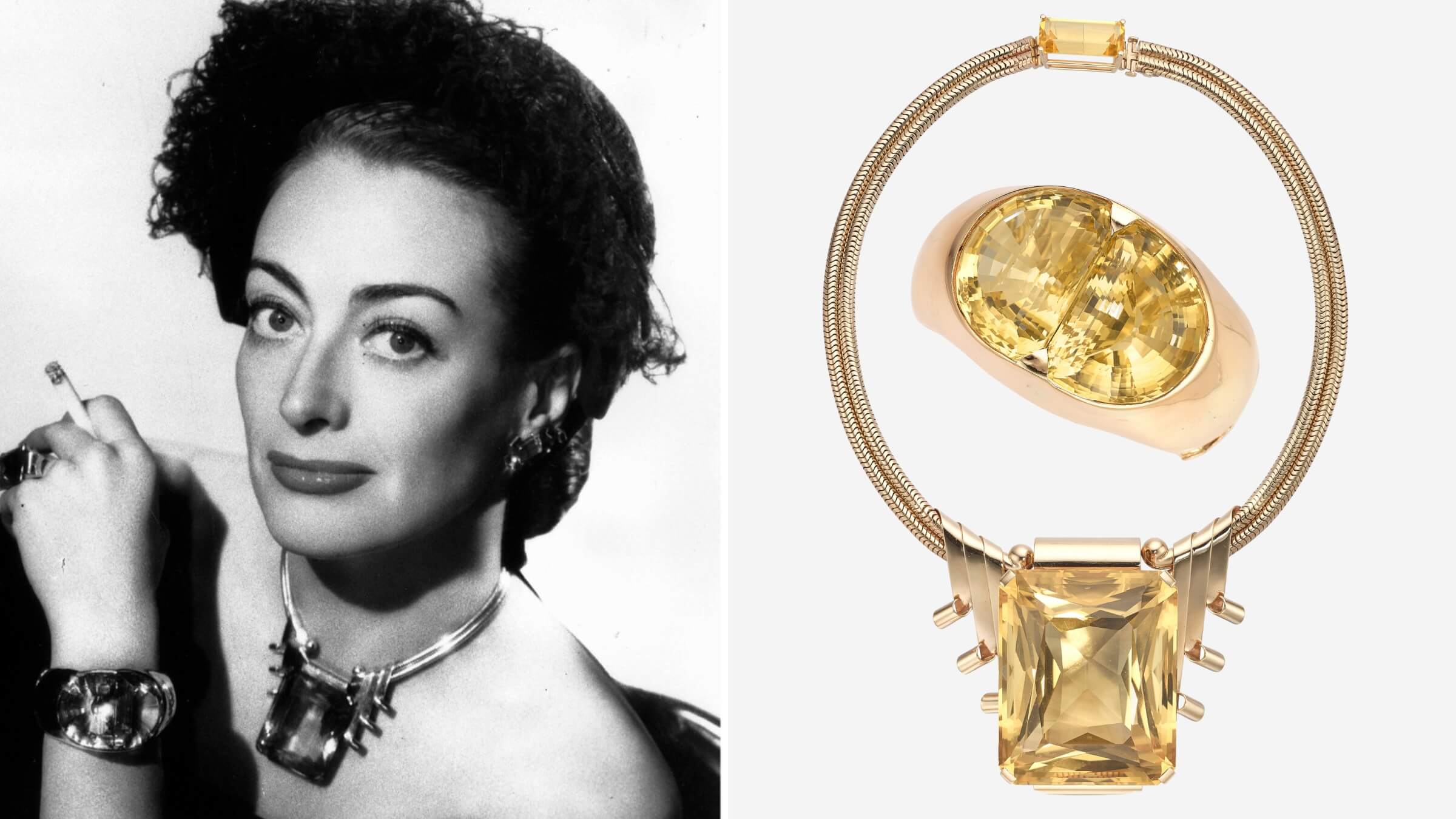 Joan Crawford Retro Raymond Yard Citrine, Gold Jewelry Suite