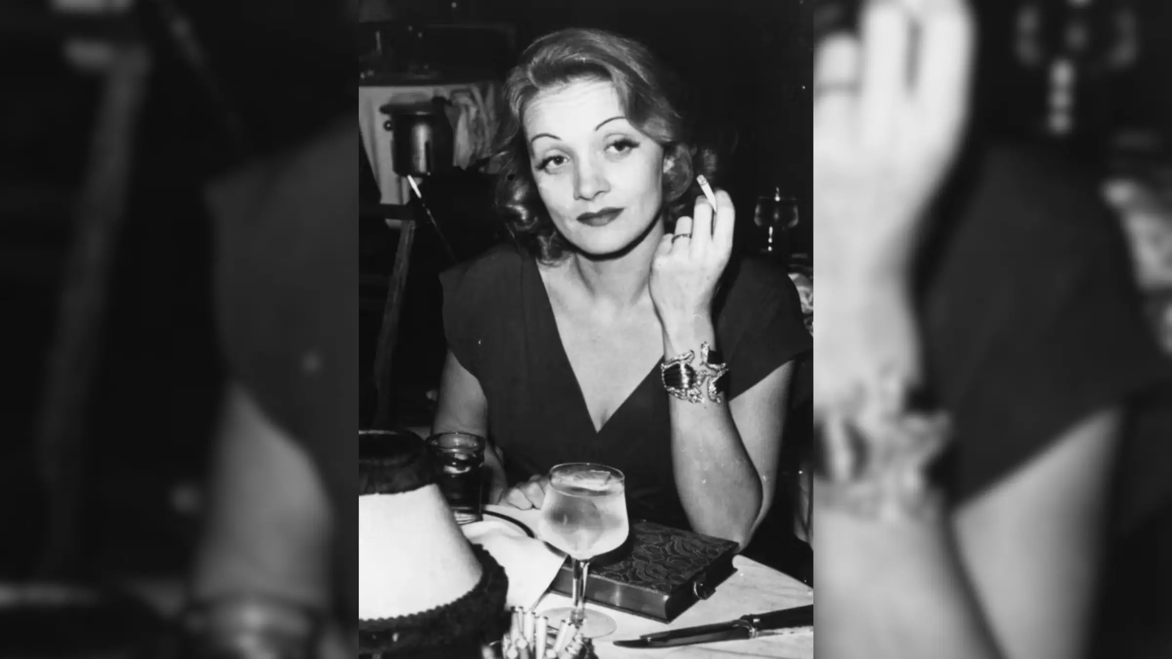 Marlène Dietrich wearing her gold and diamond “Lily” bracelet by Verdura circa 1945.