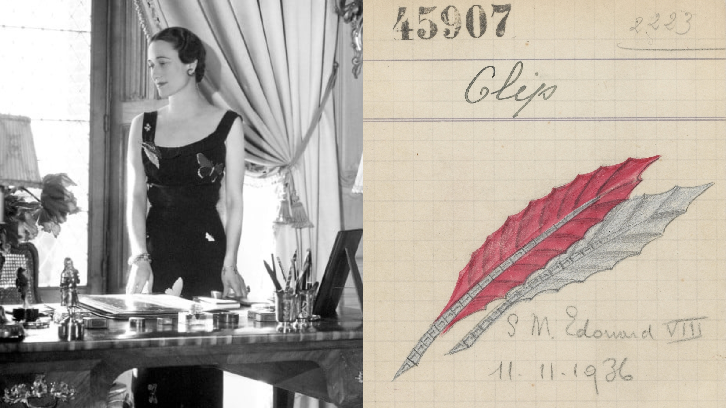 Wallis Simpson, Duchesse de Windsor porte un clip "plumes" par Van Cleef & Arpels